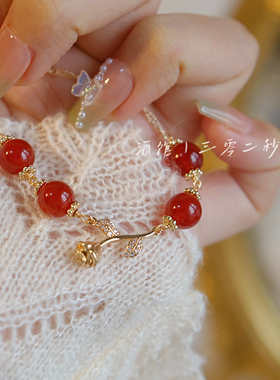 红玛瑙复古红玫瑰手串