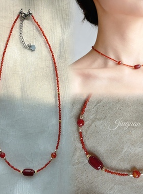 酒馆原创红色新年汉服项链简约锁骨链红玛瑙复古文艺