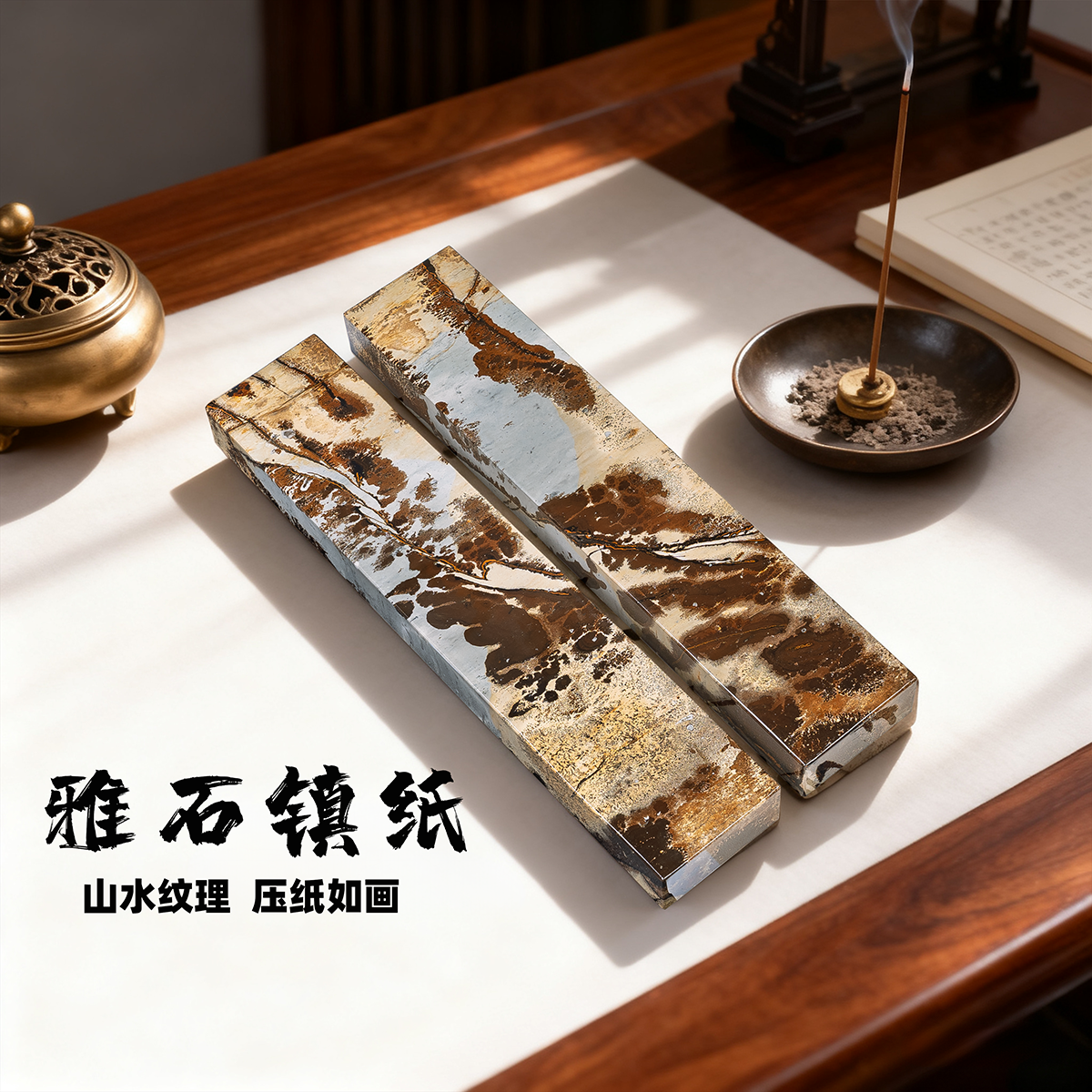 内有多款草花石奇石国画石工艺手作文房用具山水画一对镇纸尺压条