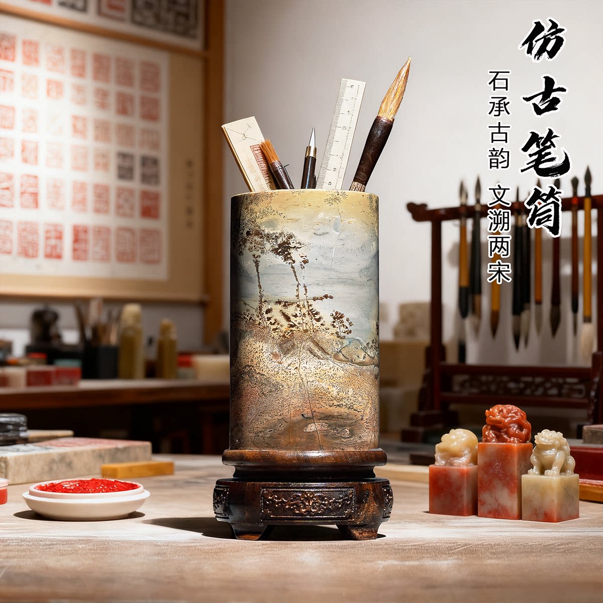 笔筒草花石装笔中式书房书桌