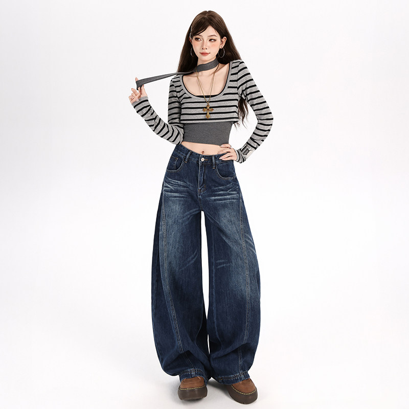 花漾2160美式复古高街阔腿牛仔裤女高腰设计感直筒宽松拖地弯刀裤,女装/女士精品,牛仔裤,淘宝优惠券,粉丝福利购,淘宝优惠卷