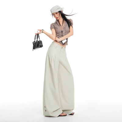 花漾26th ootd!米白色高腰阔腿休闲裤女慵懒宽松裤子气质直筒长裤