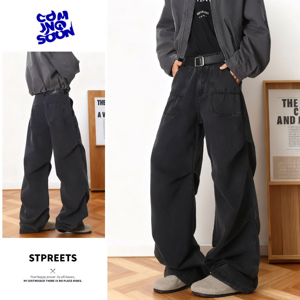 花漾美式重磅做旧工装裤男秋冬潮牌宽松褶皱直筒裤子高街vibe休闲
