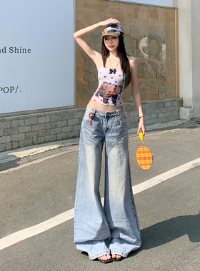 花漾2026夏NEW美式复古水洗解构设计感宽松阔腿牛仔裤