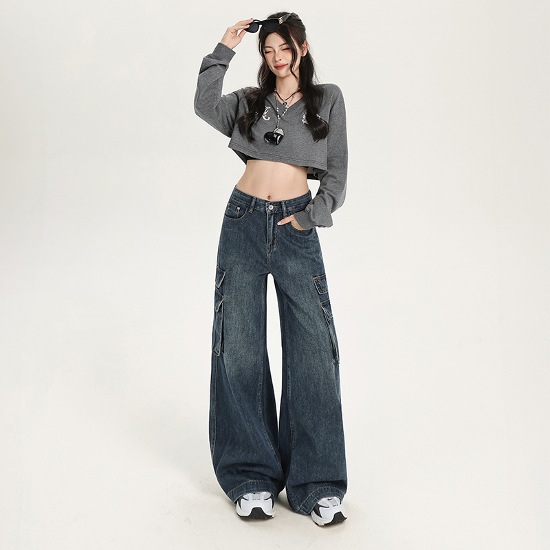 花漾68012复古蓝水洗工装裤牛仔裤女新款美式复古高腰直筒阔腿裤