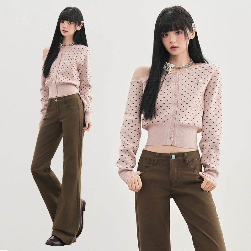 花漾0838款低腰弹力咖色微喇修身牛仔裤女美式复古显瘦弹力长裤休