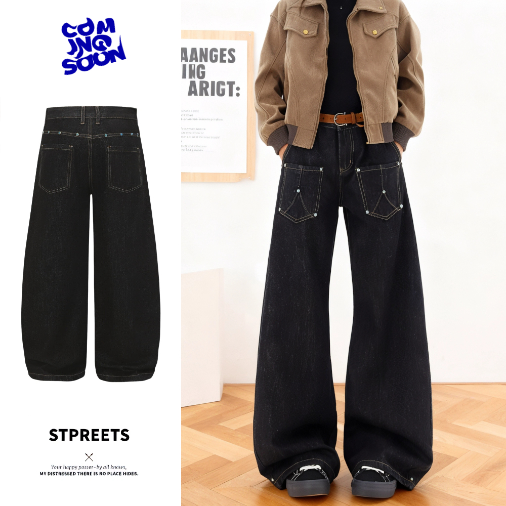 花漾美式复古绿松石撞钉丹宁原牛显高微喇牛仔裤男女潮牌宽松阔腿