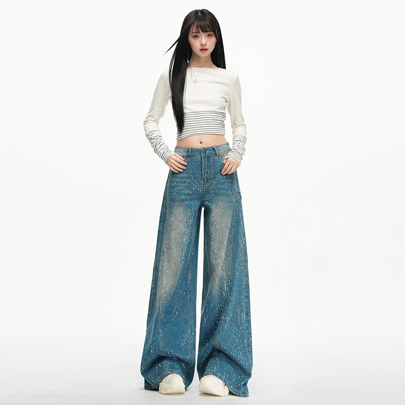 花漾2026年春款满天星烫钻复古阔腿微喇牛仔裤宽松阔腿不贴腿拖地,女装/女士精品,牛仔裤,淘宝优惠券,粉丝福利购,淘宝优惠卷