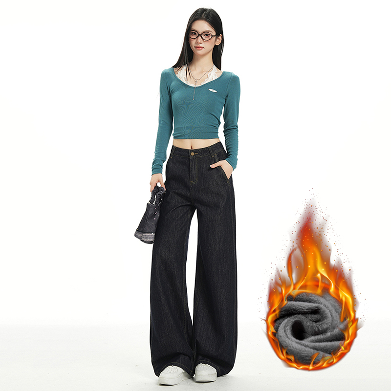 花漾秋冬加绒不掉色美式复古宽松阔腿裤垂感拖地加厚直筒牛仔裤女
