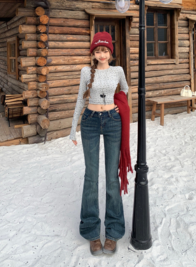 花漾美式复古低腰辣妹喇叭裤修身显瘦百搭ins弹力秋冬牛仔裤女新