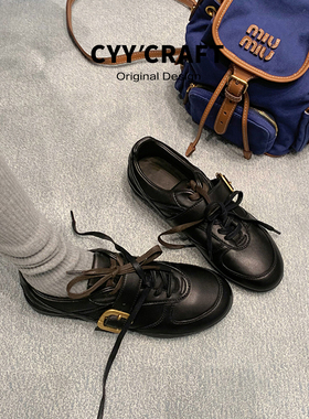 牛皮复古内增高德训鞋女秋冬新款小众百搭黑色小皮鞋女运动休闲鞋