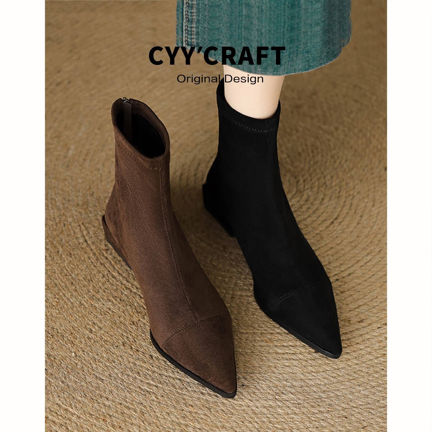 真皮绒面弹力瘦瘦靴女秋冬新款小个子百搭黑色裸靴粗跟尖头短靴女,女鞋,弹力靴/袜靴,淘宝优惠券,粉丝福利购,淘宝优惠卷