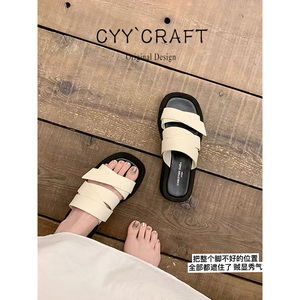 羊皮~方头厚底凉拖女2025夏季外穿休闲度假沙滩绕带一字拖鞋软底