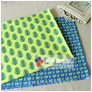 全棉印花布料惠安女头巾床品服装面料蓝绿色卡通小象叶子清仓甩卖