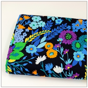 纯棉平纹印花布料服装床品惠安女头巾窗帘裙子面料深夜蓝植物花卉