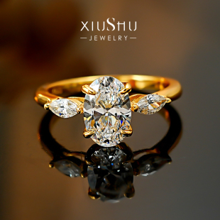 经典 仿真钻戒指椭圆鸽子蛋925银镶嵌火彩高碳钻求婚结婚 三石款