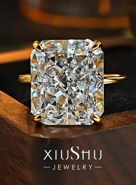 爆闪12ct雷迪恩碎冰切长方大戒指925银火彩高碳钻简约欧美仿真钻