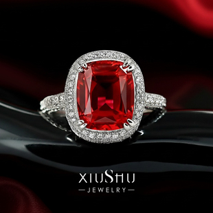 5ct高净度枕形切培育鸽血红宝石925纯银戒指女新年生日礼物满火彩