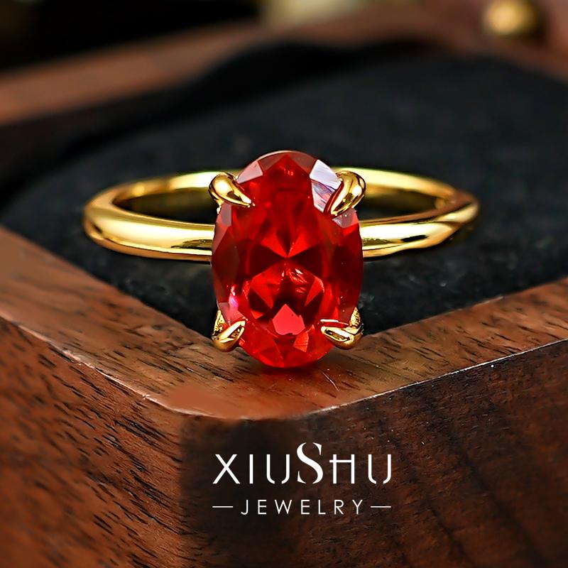 素金圈梦幻鸽血红925银戒指