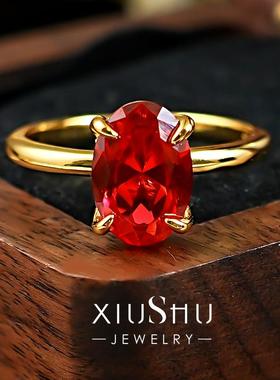3克拉极简素圈鸽血红戒指925银素金圈镶嵌椭圆红宝刚玉高级感轻奢
