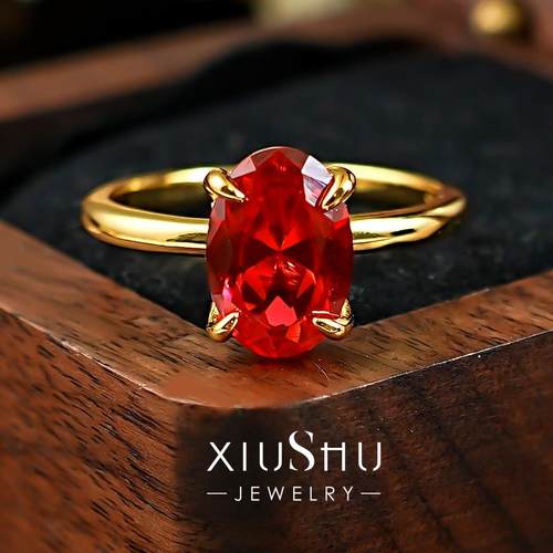 素金圈梦幻鸽血红925银戒指