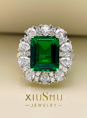 高定祖母绿色戒指女高碳钻925纯银5克拉轻奢高级感潮冷淡风39