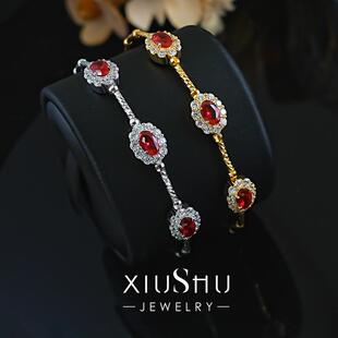 卢比培育鸽血红宝石缎带弹力手镯宫廷风S925银手链好运款 红刚玉