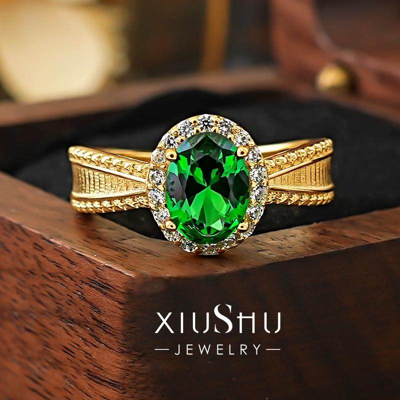 中古风绿碧玺925银祖母绿戒指