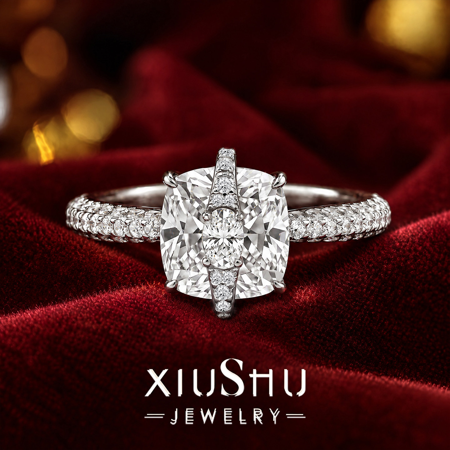 XIUSHU培育彩宝《星枕》925银高碳钻戒指女枕形大台面轻奢送礼