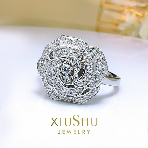 山茶花满钻戒指花朵戒子轻奢