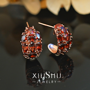 复古酒红925银镀玫瑰金石榴石耳钉搭高级感耳圈小众设计大气