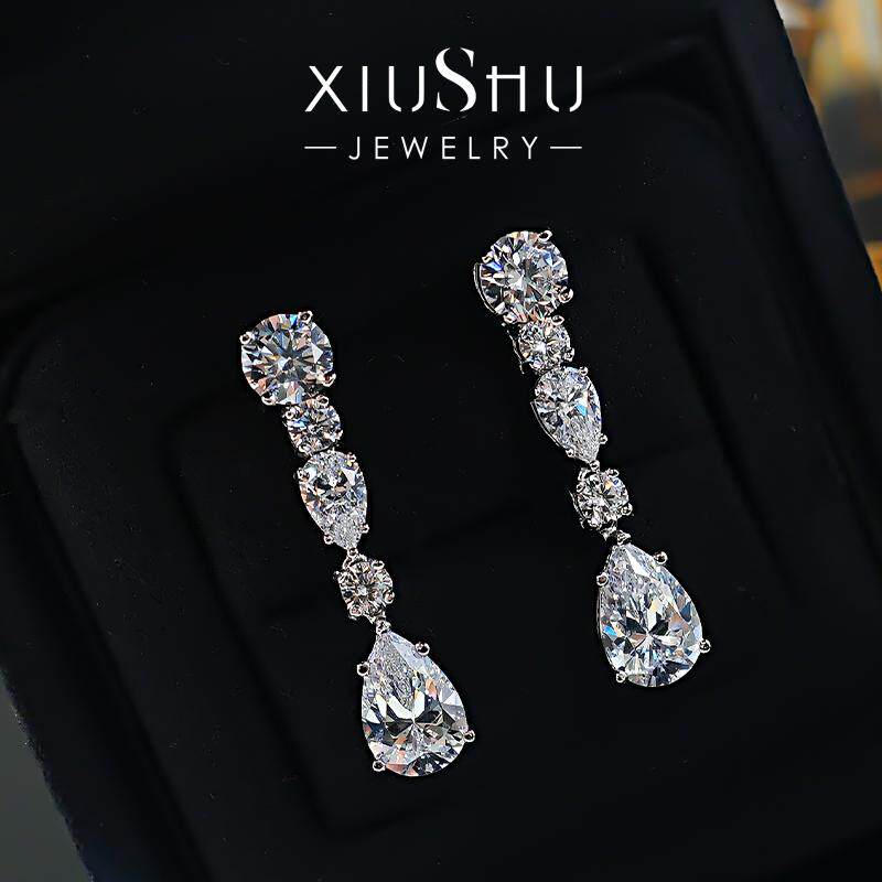 欧美精致女水滴925银大耳坠镶嵌高碳钻耳钉闪耀精致气质百搭简约