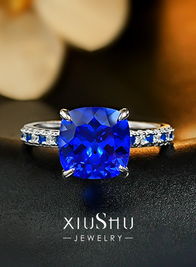 蓝小妖枕形培育尖晶石925银戒指