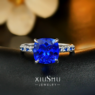蓝小妖枕形培育尖晶石925银戒指