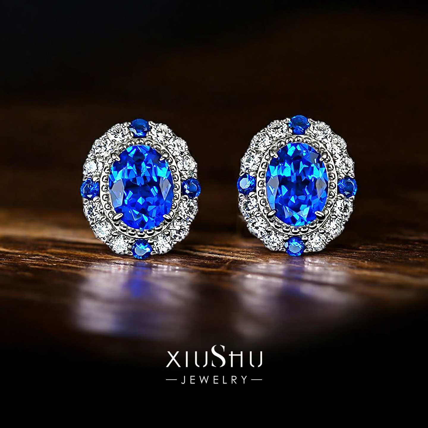 满火彩高净度1.5ct培育宝石尖晶石《蓝小妖》925银耳钉日常精致