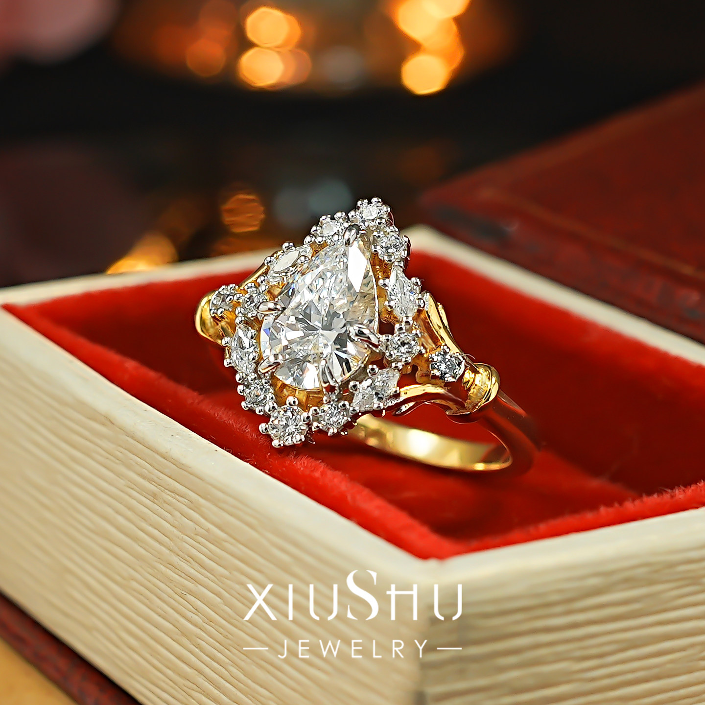 复古宫廷藤纹围镶水滴钻925银戒指轻奢小众订婚食指戒小众不撞款