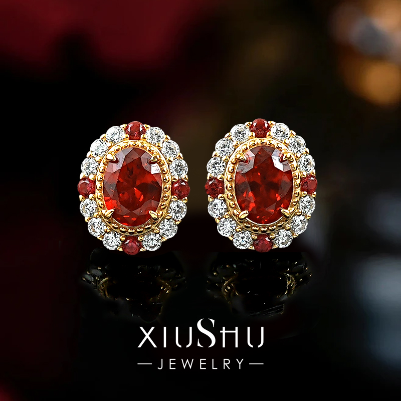 《 烈焰》轻奢鸽血红耳钉宝石刚玉925银镀黄金色彩宝满钻日常款