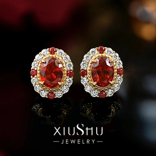 轻奢培育鸽血红宝石耳钉925银镀黄金色彩宝满钻日常中古 烈焰