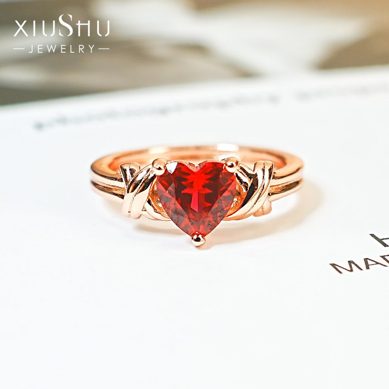 法式复古925银玫瑰金爱心培育鸽血红宝石戒指气质小众设计百搭