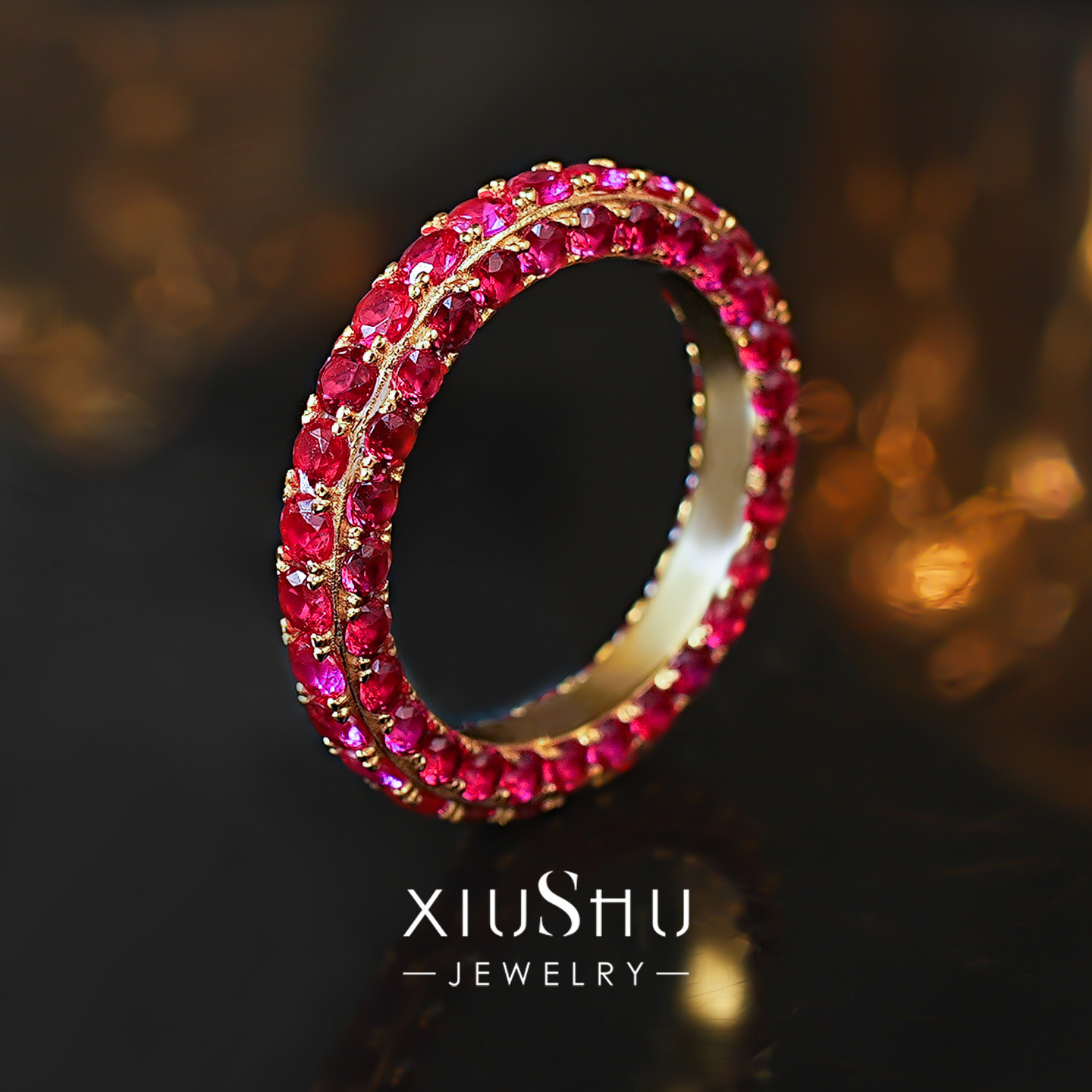 满钻玫红色排钻戒指高贵复古925银镀金轻奢叠戴