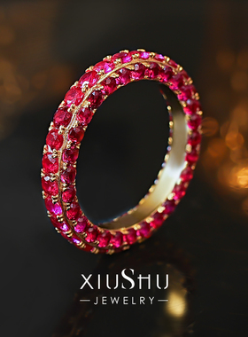 满钻玫红色排钻戒指高贵复古925银镀金轻奢叠戴