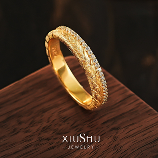 《穗间星光 》 古法点钻麦穗925银镀黄金色戒指排钻叠戴拉丝指环