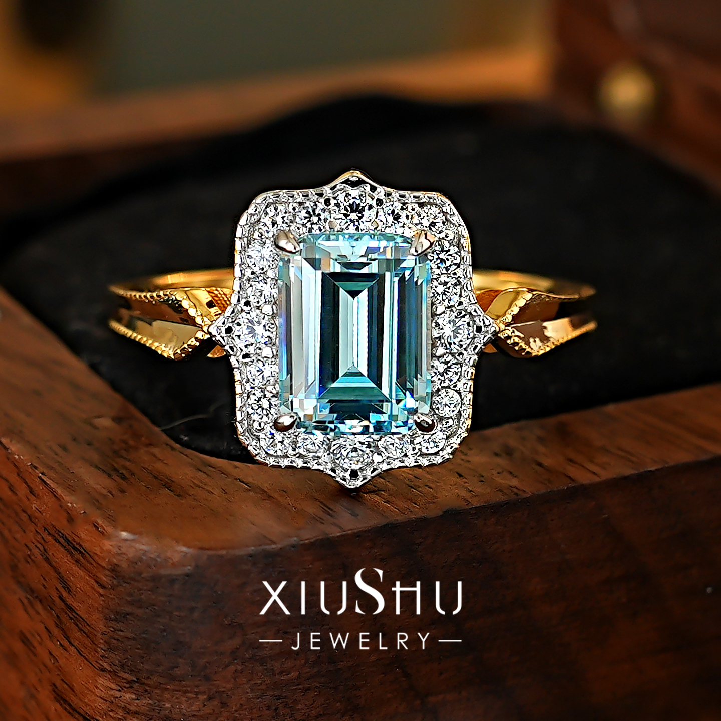 冰透海蓝宝色925纯银戒指女