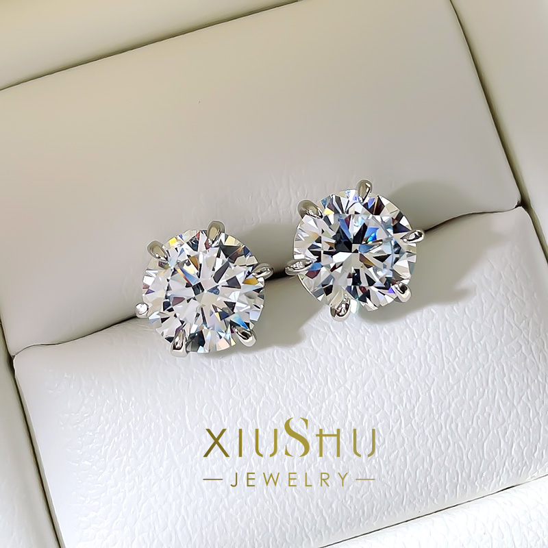 2克拉仿真钻圆形耳钉小巧时尚纯银针不掉色925银高碳钻小巧精致