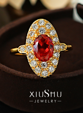 中古风守护盾牌鸽血红925银戒指