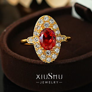 vintage中古风守护盾牌培育鸽血红宝石925银戒指轻奢高级感通勤