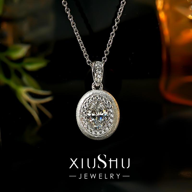 中古风金属拉丝女款925银吊坠锁骨链2克拉镶嵌简约大气纯银轻奢女