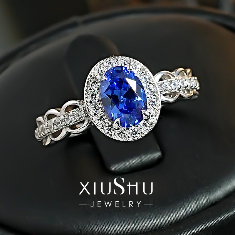 复古蕾丝坦桑蓝培育蓝宝石925银戒指镶嵌高碳钻日常百搭款鸽子蛋