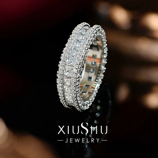 轻奢轨道镶内圆外方仿真钻戒指925银高碳钻排钻宽版食指指环情侣