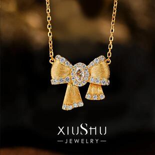 中古风金属拉丝925银蝴蝶结吊坠女轻奢小众设计锁骨链高级送女友